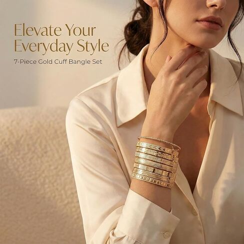 TIESOME 7 PCS Golden Bangles for Women, Gold Plated Multi Layer Stackable Open Bracelet Set Fashion Elegance Minimalist Textured Boho Jewelry Gift for Women Non Tarnish in Kuwait