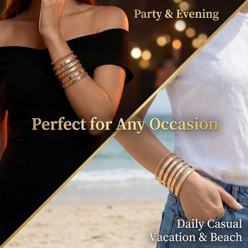 TIESOME 7 PCS Golden Bangles for Women, Gold Plated Multi Layer Stackable Open Bracelet Set Fashion Elegance Minimalist Textured Boho Jewelry Gift for Women Non Tarnish in Kuwait
