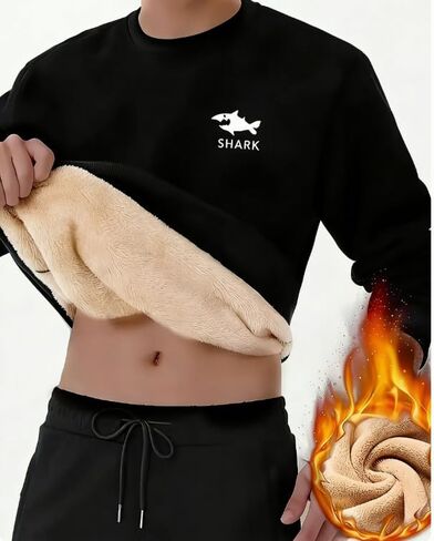 Men's Solid Color Fleece Lined Thickened Crew Neck Pullover Sweatshirt Fall Winter Long Sleeve Casual Base Layer T-Shirt in Kuwait
