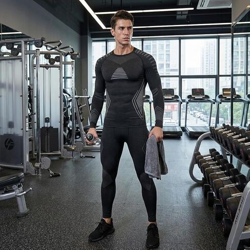 Men's Thermal 2-Piece Set - Fleece-Lined Long-Sleeve Shirt and Pants, Quick-Dry and Moisture-Wicking, Skiing and Running Workout Base Layer, Suitable for Cold Weather, Matches Sportswear Style-L in Kuwait