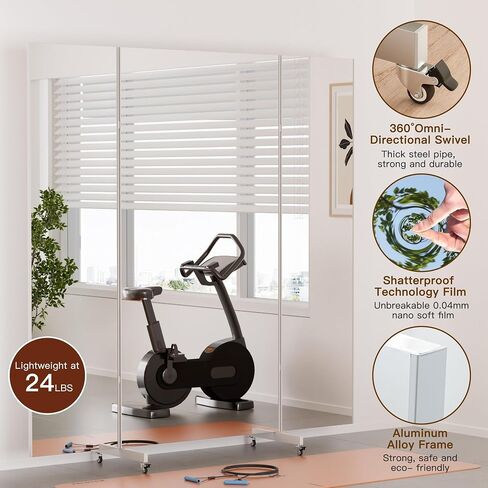brisafe Full Length Mirror with 360° Wheels, 95"x79" Foldable Floor Mirror with Nano-Tech Shatterproof Film - Ultra-Large Mobile Mirror for Home Gym, Dance Studio & Commercial Spaces （White in Saudi Arabia