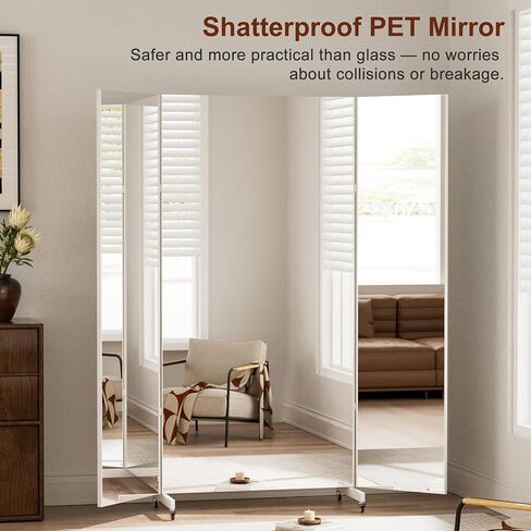 brisafe Full Length Mirror with 360° Wheels, 95"x79" Foldable Floor Mirror with Nano-Tech Shatterproof Film - Ultra-Large Mobile Mirror for Home Gym, Dance Studio & Commercial Spaces （White in Saudi Arabia