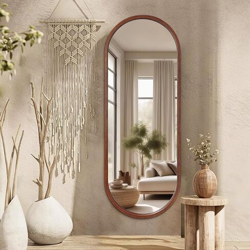 Niccy 66"×24" Wood Full Length Mirror, HD Long Walnut Oval Wall-Mounted Mirrors, Large Body Hanging Mirrors for Living Room, Explosion-Proof Wooden Frame Mirrors for Entryway, Bedroom, Walnut in Saudi Arabia