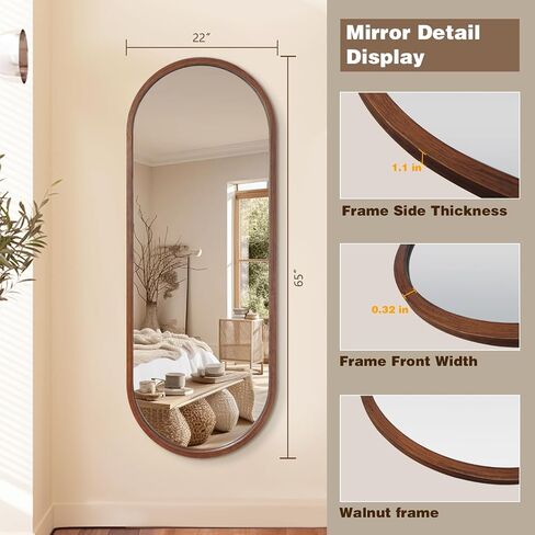 Niccy 66"×24" Wood Full Length Mirror, HD Long Walnut Oval Wall-Mounted Mirrors, Large Body Hanging Mirrors for Living Room, Explosion-Proof Wooden Frame Mirrors for Entryway, Bedroom, Walnut in Saudi Arabia