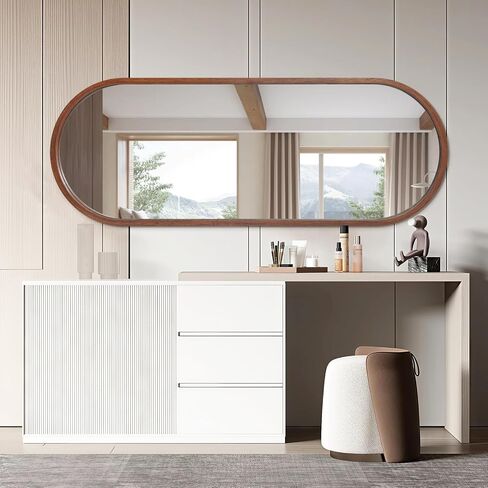 Niccy 66"×24" Wood Full Length Mirror, HD Long Walnut Oval Wall-Mounted Mirrors, Large Body Hanging Mirrors for Living Room, Explosion-Proof Wooden Frame Mirrors for Entryway, Bedroom, Walnut in Saudi Arabia