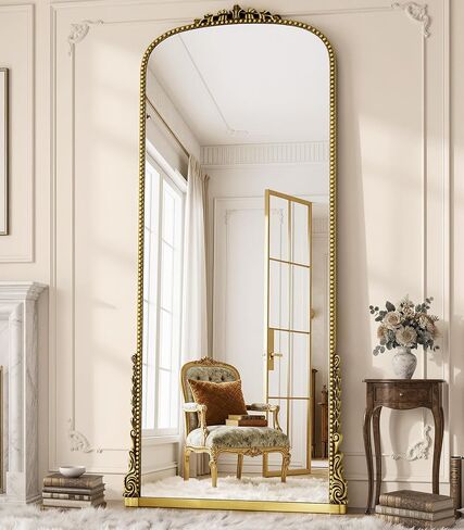Antique Full Length Mirror 71" x 32", Antique Gold Arched Large Vintage Mirror in Baroque Style with Tempered Glass, Freestanding for Bedroom, Living Room, Cloakroom in Saudi Arabia