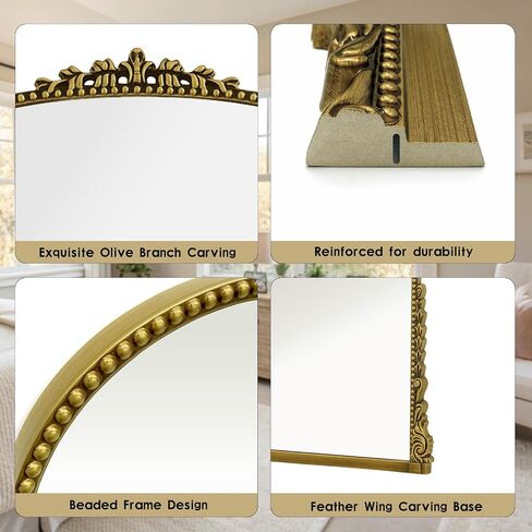 Antique Full Length Mirror 71" x 32", Antique Gold Arched Large Vintage Mirror in Baroque Style with Tempered Glass, Freestanding for Bedroom, Living Room, Cloakroom in Saudi Arabia