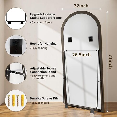 71"x32" Elegant Vintage Arched Full Length Mirror with Stand, Luxury Large Full Body Mirror with Tempered Glass, Leaning Wall Mount Floor Standing Mirrors for Living Room Bedroom Entryway Outfit Check in Saudi Arabia