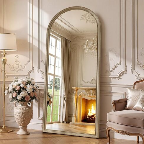 71"x32" Elegant Vintage Arched Full Length Mirror with Stand, Luxury Large Full Body Mirror with Tempered Glass, Leaning Wall Mount Floor Standing Mirrors for Living Room Bedroom Entryway Outfit Check in Saudi Arabia