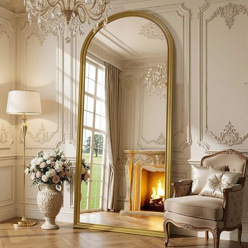 71"x32" Elegant Vintage Arched Full Length Mirror with Stand, Luxury Large Full Body Mirror with Tempered Glass, Leaning Wall Mount Floor Standing Mirrors for Living Room Bedroom Entryway Outfit Check in Saudi Arabia