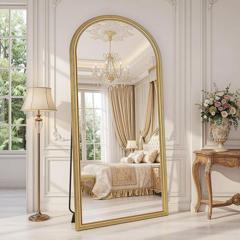 71"x32" Elegant Vintage Arched Full Length Mirror with Stand, Luxury Large Full Body Mirror with Tempered Glass, Leaning Wall Mount Floor Standing Mirrors for Living Room Bedroom Entryway Outfit Check in Saudi Arabia