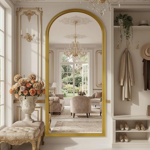 71"x32" Elegant Vintage Arched Full Length Mirror with Stand, Luxury Large Full Body Mirror with Tempered Glass, Leaning Wall Mount Floor Standing Mirrors for Living Room Bedroom Entryway Outfit Check in Saudi Arabia