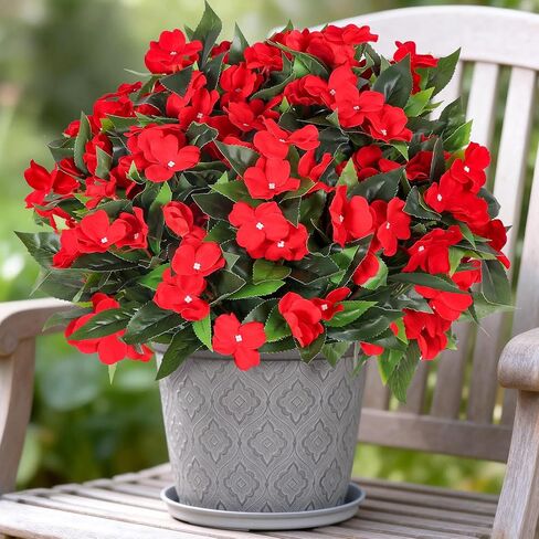 6 Bundles Artificial Impatiens Flowers for Outdoors, Realistic Silk Faux Fake Flowers UV Resistant Outdoor Artificial Plants for Spring Summer Porch Yard Patio Garden Home Decor (Red) in Saudi Arabia
