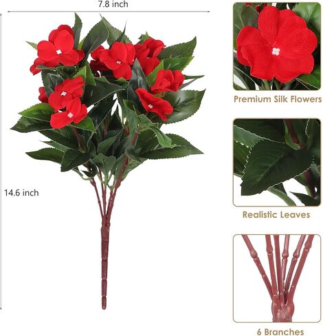 6 Bundles Artificial Impatiens Flowers for Outdoors, Realistic Silk Faux Fake Flowers UV Resistant Outdoor Artificial Plants for Spring Summer Porch Yard Patio Garden Home Decor (Red) in Saudi Arabia