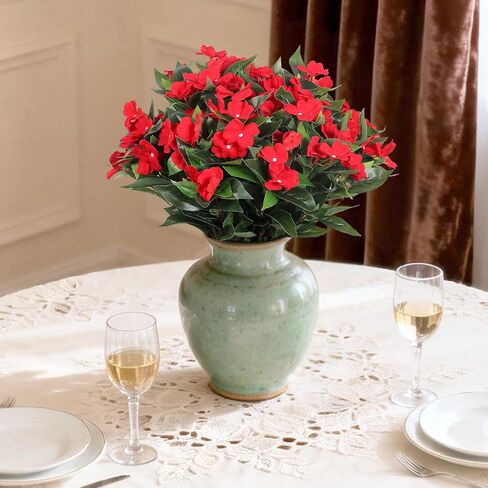 6 Bundles Artificial Impatiens Flowers for Outdoors, Realistic Silk Faux Fake Flowers UV Resistant Outdoor Artificial Plants for Spring Summer Porch Yard Patio Garden Home Decor (Red) in Saudi Arabia