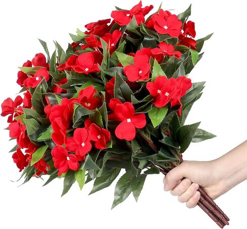 6 Bundles Artificial Impatiens Flowers for Outdoors, Realistic Silk Faux Fake Flowers UV Resistant Outdoor Artificial Plants for Spring Summer Porch Yard Patio Garden Home Decor (Red) in Saudi Arabia
