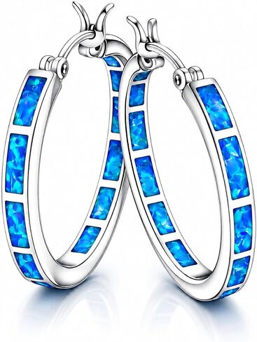 Blue Fire Opal Hoop Earrings for Women – Silver-Plated Inlay Hoops – Lightweight Boho Earrings – Ocean Style Jewelry Gift in Kuwait