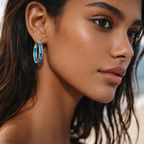 Blue Fire Opal Hoop Earrings for Women – Silver-Plated Inlay Hoops – Lightweight Boho Earrings – Ocean Style Jewelry Gift in Kuwait