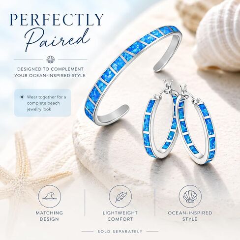 Blue Fire Opal Hoop Earrings for Women – Silver-Plated Inlay Hoops – Lightweight Boho Earrings – Ocean Style Jewelry Gift in Kuwait