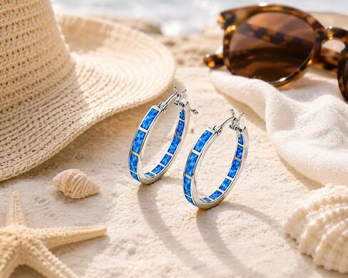 Blue Fire Opal Hoop Earrings for Women – Silver-Plated Inlay Hoops – Lightweight Boho Earrings – Ocean Style Jewelry Gift in Kuwait