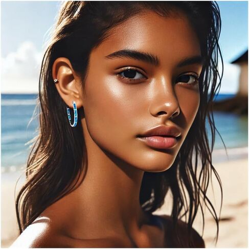 Blue Fire Opal Hoop Earrings for Women – Silver-Plated Inlay Hoops – Lightweight Boho Earrings – Ocean Style Jewelry Gift in Kuwait