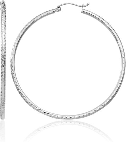 IceCarats 10K Solid White Gold Round Extra Large Hoop Earrings 50mm 2 inch Snap Back, Diamond Cut For Her in Kuwait