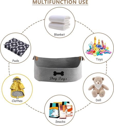 Woven Dog Toy Baskets ,Rope Basket for Dog Toys,Collapsible Dog Toy Bin with Leather Handles,Trapezoidal Puppy Toy Storage Basket,Chewproof Dog Organizer for Toys,Collar,Leash,blankets in Saudi Arabia