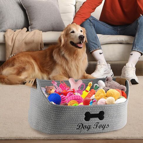 Woven Dog Toy Baskets ,Rope Basket for Dog Toys,Collapsible Dog Toy Bin with Leather Handles,Trapezoidal Puppy Toy Storage Basket,Chewproof Dog Organizer for Toys,Collar,Leash,blankets in Saudi Arabia