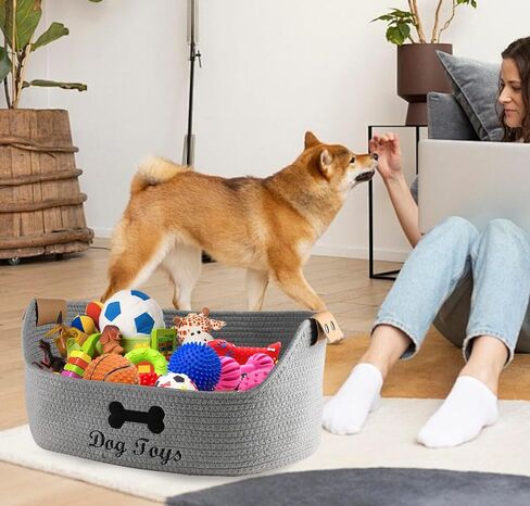 Woven Dog Toy Baskets ,Rope Basket for Dog Toys,Collapsible Dog Toy Bin with Leather Handles,Trapezoidal Puppy Toy Storage Basket,Chewproof Dog Organizer for Toys,Collar,Leash,blankets in Saudi Arabia