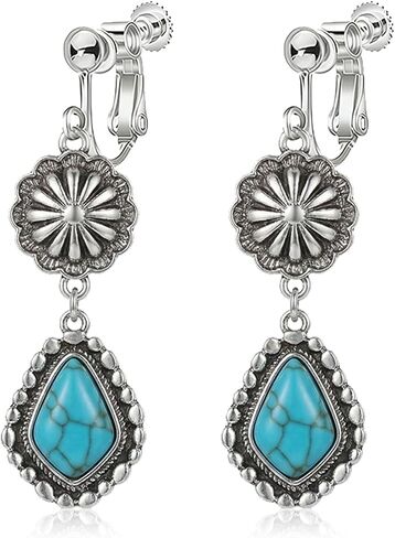 Bohemian Turquoise Clip On Earrings for Women Handmade Sterling Silver Feather Dangle Earrings Vintage Boho Western Country Concert Jewelry Gifts in Kuwait