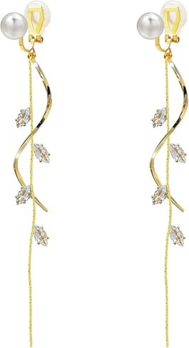 ASOQOLA Clip on Earrings Non Pierced for Women Long Dangle Drop Clip Earrings - Cubic Zirconia Leaf Earrings for Women Wedding Party Prom Jewelry Gifts in Saudi Arabia