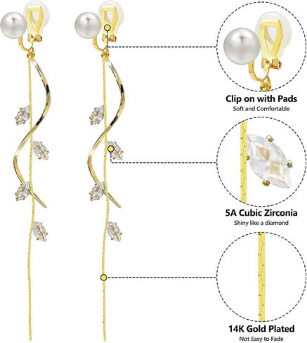 ASOQOLA Clip on Earrings Non Pierced for Women Long Dangle Drop Clip Earrings - Cubic Zirconia Leaf Earrings for Women Wedding Party Prom Jewelry Gifts in Saudi Arabia