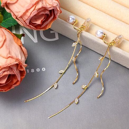 ASOQOLA Clip on Earrings Non Pierced for Women Long Dangle Drop Clip Earrings - Cubic Zirconia Leaf Earrings for Women Wedding Party Prom Jewelry Gifts in Saudi Arabia