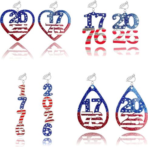 2-4Pairs الذكرى 250th 4th من يوليو كليب على أقراط للنساء 1776 2026 أحمر أبيض أزرق أقراط 250th الاحتفال الأمريكي مجوهرات هدايا in Kuwait