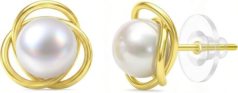 14K Gold Plated Real Pearl Stud Earrings for Women with Celtic Knot Designed,Sterling Silver, Hypoallergenic Stud, White Freshwater Pearl, Perfect Bridal Gift for Wedding in Kuwait