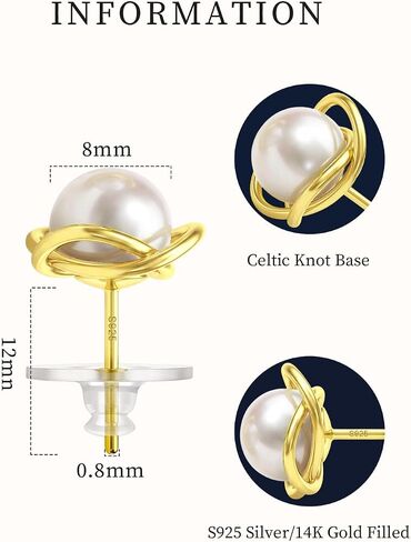 14K Gold Plated Real Pearl Stud Earrings for Women with Celtic Knot Designed,Sterling Silver, Hypoallergenic Stud, White Freshwater Pearl, Perfect Bridal Gift for Wedding in Kuwait
