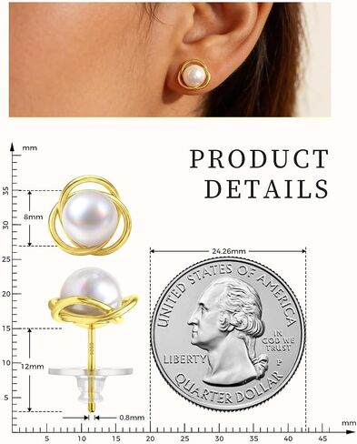 14K Gold Plated Real Pearl Stud Earrings for Women with Celtic Knot Designed,Sterling Silver, Hypoallergenic Stud, White Freshwater Pearl, Perfect Bridal Gift for Wedding in Kuwait
