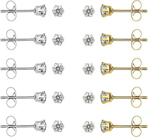 5/10 Pairs Silver Gold Stud Earrings Set, 14K Gold Plated 316L Surgical Stainless Steel Hypoallergenic Cubic Zirconia CZ Small Piercing Earring for Women Men 3 mm in Saudi Arabia