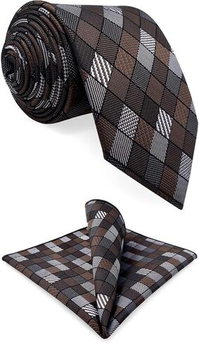 S&W SHLAX&WING Neckties Set for Men Plaid Mocha Brown Grey Checked Suit Accessory Mens Tie Hanky Business Wedding in Kuwait