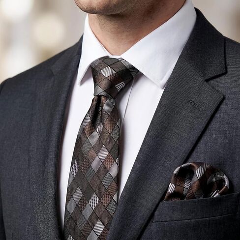 S&W SHLAX&WING Neckties Set for Men Plaid Mocha Brown Grey Checked Suit Accessory Mens Tie Hanky Business Wedding in Kuwait