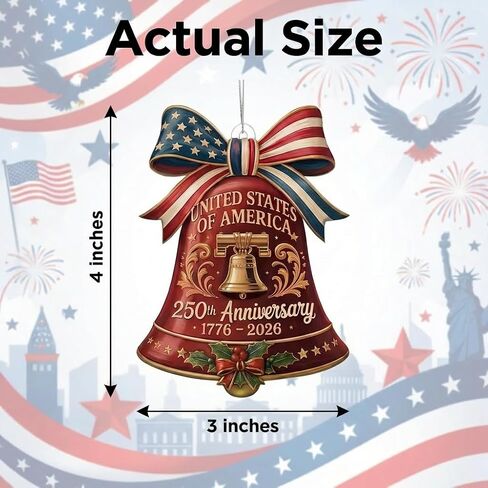 United States 250th Anniversary Bell Ornament 1776-2026, 2D Acrylic 250th Anniversary USA Christmas Tree Ornament, 250 Anniversary USA Merchandise, Patriotic Collectors Decor, Gift for US Citizens in Saudi Arabia