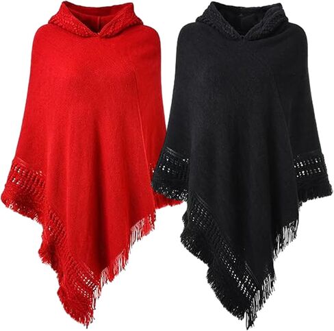 Liitrsh Shawl Poncho Sweaters for Women Knitted Hooded Cape with Fringed Hem Crochet Poncho Pullover Sweaters in Kuwait