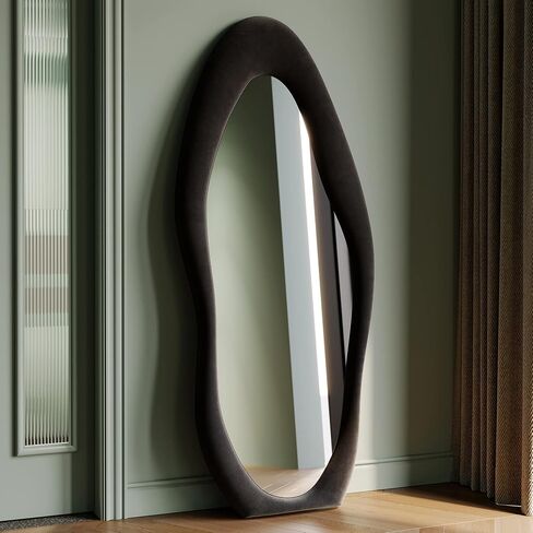 Honyee Full Length Mirror, 63" x 24" Wall Mirror, Flannel Wrapped Wooden Frame Floor Mirror, Irregular Wavy Mirror Hanging or Leaning Against Wall for Cloakroom/Bedroom/Living Room, Black in Kuwait
