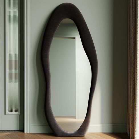 Honyee Full Length Mirror, 63" x 24" Wall Mirror, Flannel Wrapped Wooden Frame Floor Mirror, Irregular Wavy Mirror Hanging or Leaning Against Wall for Cloakroom/Bedroom/Living Room, Black in Kuwait