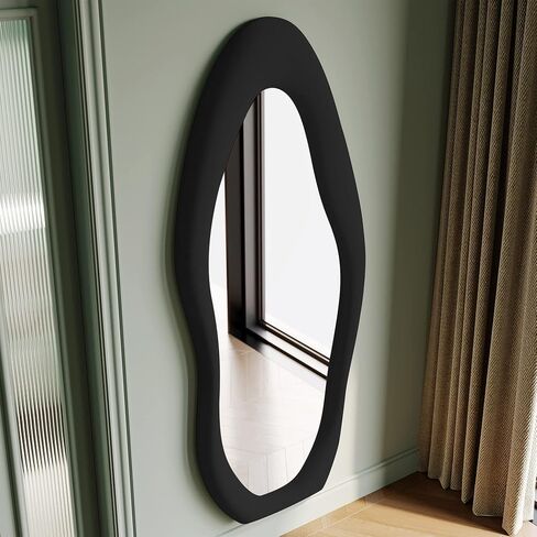 Honyee Full Length Mirror, 63" x 24" Wall Mirror, Flannel Wrapped Wooden Frame Floor Mirror, Irregular Wavy Mirror Hanging or Leaning Against Wall for Cloakroom/Bedroom/Living Room, Black in Kuwait