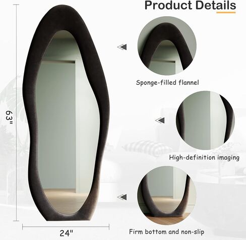 Honyee Full Length Mirror, 63" x 24" Wall Mirror, Flannel Wrapped Wooden Frame Floor Mirror, Irregular Wavy Mirror Hanging or Leaning Against Wall for Cloakroom/Bedroom/Living Room, Black in Kuwait