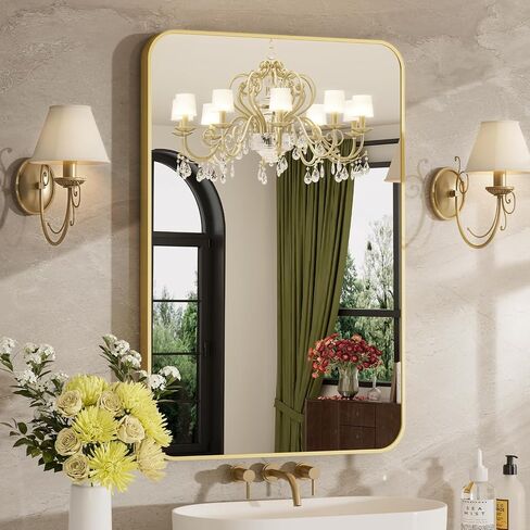 24x36 Inch Bathroom Mirrors for Over Sink, Brushed Gold Rectangle Mirror for Bathroom or Entryway, Wall Mounted Vanity Mirror with Aluminum Alloy Frame & Tempered Glass, Hangs Horizontally/Vertically in Saudi Arabia