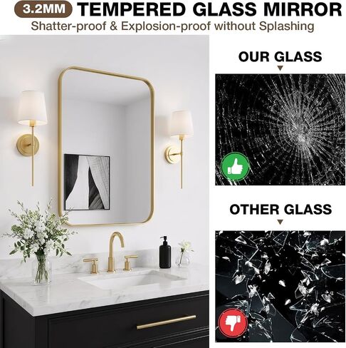 24x36 Inch Bathroom Mirrors for Over Sink, Brushed Gold Rectangle Mirror for Bathroom or Entryway, Wall Mounted Vanity Mirror with Aluminum Alloy Frame & Tempered Glass, Hangs Horizontally/Vertically in Saudi Arabia
