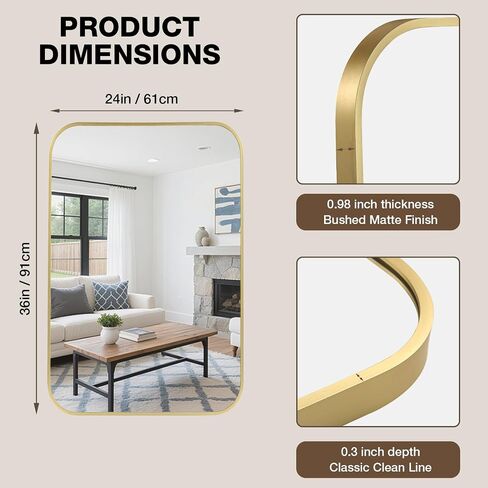 24x36 Inch Bathroom Mirrors for Over Sink, Brushed Gold Rectangle Mirror for Bathroom or Entryway, Wall Mounted Vanity Mirror with Aluminum Alloy Frame & Tempered Glass, Hangs Horizontally/Vertically in Saudi Arabia