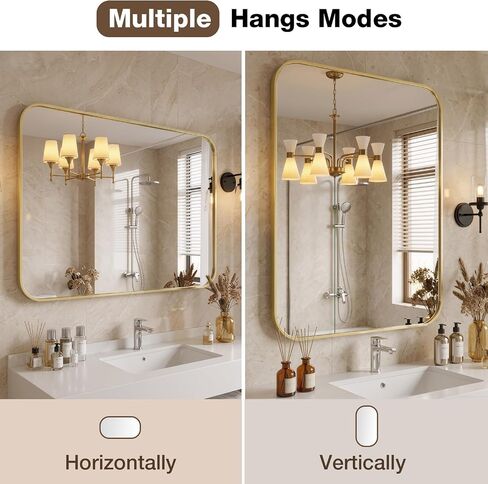 24x36 Inch Bathroom Mirrors for Over Sink, Brushed Gold Rectangle Mirror for Bathroom or Entryway, Wall Mounted Vanity Mirror with Aluminum Alloy Frame & Tempered Glass, Hangs Horizontally/Vertically in Saudi Arabia